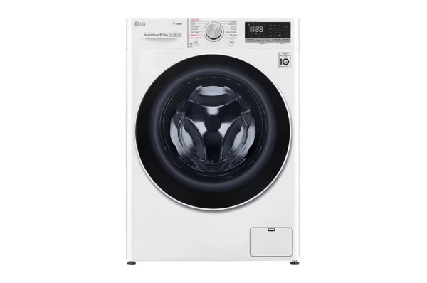 Front view of LG F4V5VGP0W washer dryer combo control panel, white