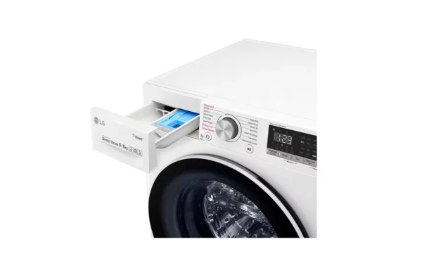 Side angled view of LG F4V5VGP0W washer dryer combo control panel, white