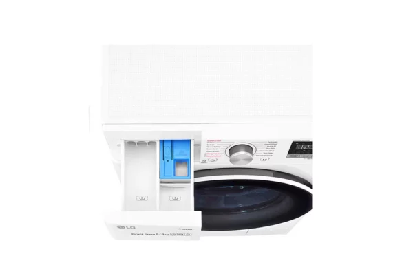 Top view of LG F4V5VGP0W washer dryer combo control panel, white